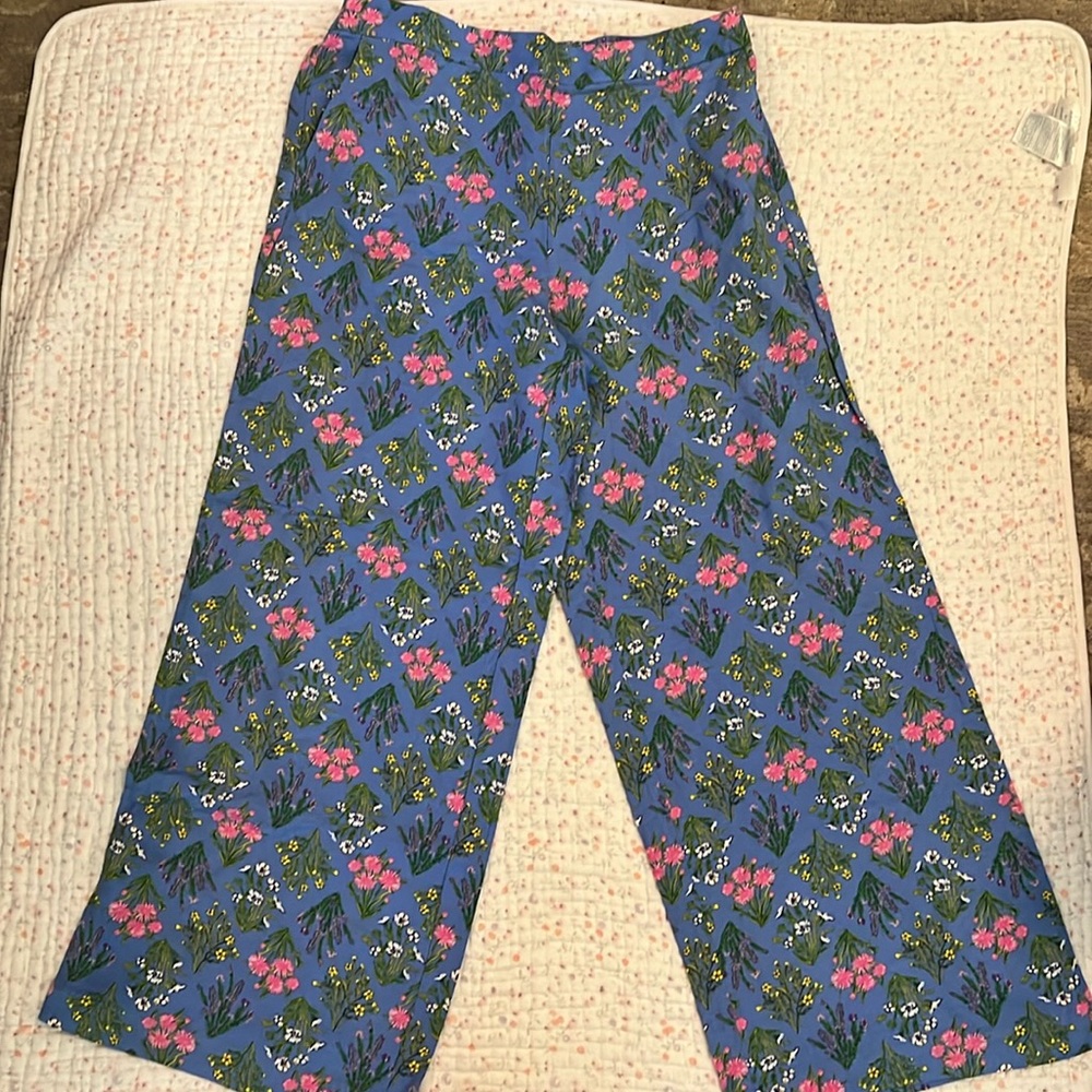 NWT Loft Womens L Linen Blend Fluid Wide Leg Crop Pants Floral Elastic Waist